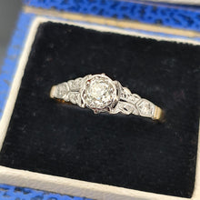 Load image into Gallery viewer, An old cut diamond solitaire ring in gold and platinum, in a ring box
