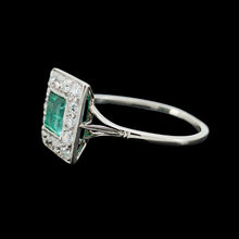 Load image into Gallery viewer, Art Deco Platinum, Emerald and Old Cut Diamond Cluster Ring
