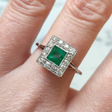Load image into Gallery viewer, Art Deco Platinum, Emerald and Old Cut Diamond Cluster Ring
