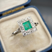 Load image into Gallery viewer, Art Deco Platinum, Emerald and Old Cut Diamond Cluster Ring

