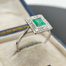 Load image into Gallery viewer, Art Deco Platinum, Emerald and Old Cut Diamond Cluster Ring
