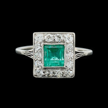 Load image into Gallery viewer, Art Deco Platinum, Emerald and Old Cut Diamond Cluster Ring
