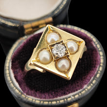 Load image into Gallery viewer, A pearl and diamond square shaped ring in yellow gold, in a ring box, on a black background
