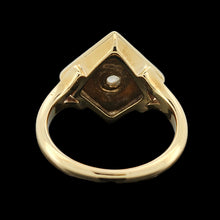 Load image into Gallery viewer, A pearl and diamond square shaped ring in yellow gold, on a black background
