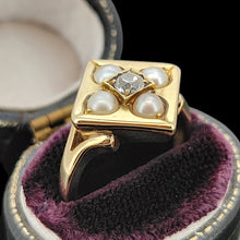 Load image into Gallery viewer, A pearl and diamond square shaped ring in yellow gold, in a ring box, on a black background
