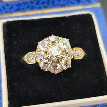 Load image into Gallery viewer, An old cut diamond cluster ring in yellow gold, in a ring box
