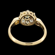 Load image into Gallery viewer, A yellow gold old cut diamond cluster ring, on a black background
