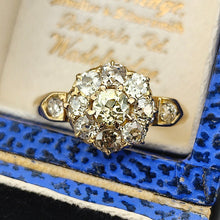Load image into Gallery viewer, An old cut diamond cluster ring in yellow gold, in a ring box
