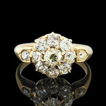Load image into Gallery viewer, A yellow gold old cut diamond cluster ring, on a black background
