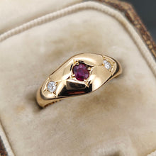 Load image into Gallery viewer, A three stone ruby and diamond ring in yellow gold, in an antique ring box
