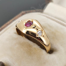 Load image into Gallery viewer, A three stone ruby and diamond ring in yellow gold, in an antique ring box
