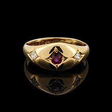 Load image into Gallery viewer, A three stone ruby and diamond ring in yellow gold
