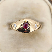 Load image into Gallery viewer, A three stone ruby and diamond ring in yellow gold, in an antique ring box
