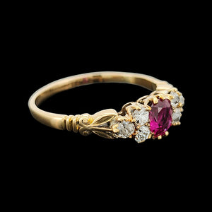 Antique 18ct Yellow Gold Ruby and Diamond Trefoil Shoulder Ring