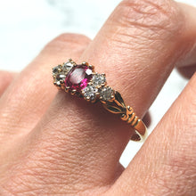 Load image into Gallery viewer, Antique 18ct Yellow Gold Ruby and Diamond Trefoil Shoulder Ring
