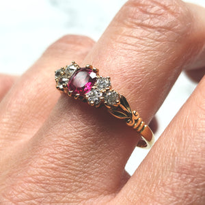 Antique 18ct Yellow Gold Ruby and Diamond Trefoil Shoulder Ring