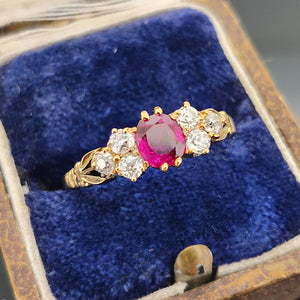 Antique 18ct Yellow Gold Ruby and Diamond Trefoil Shoulder Ring