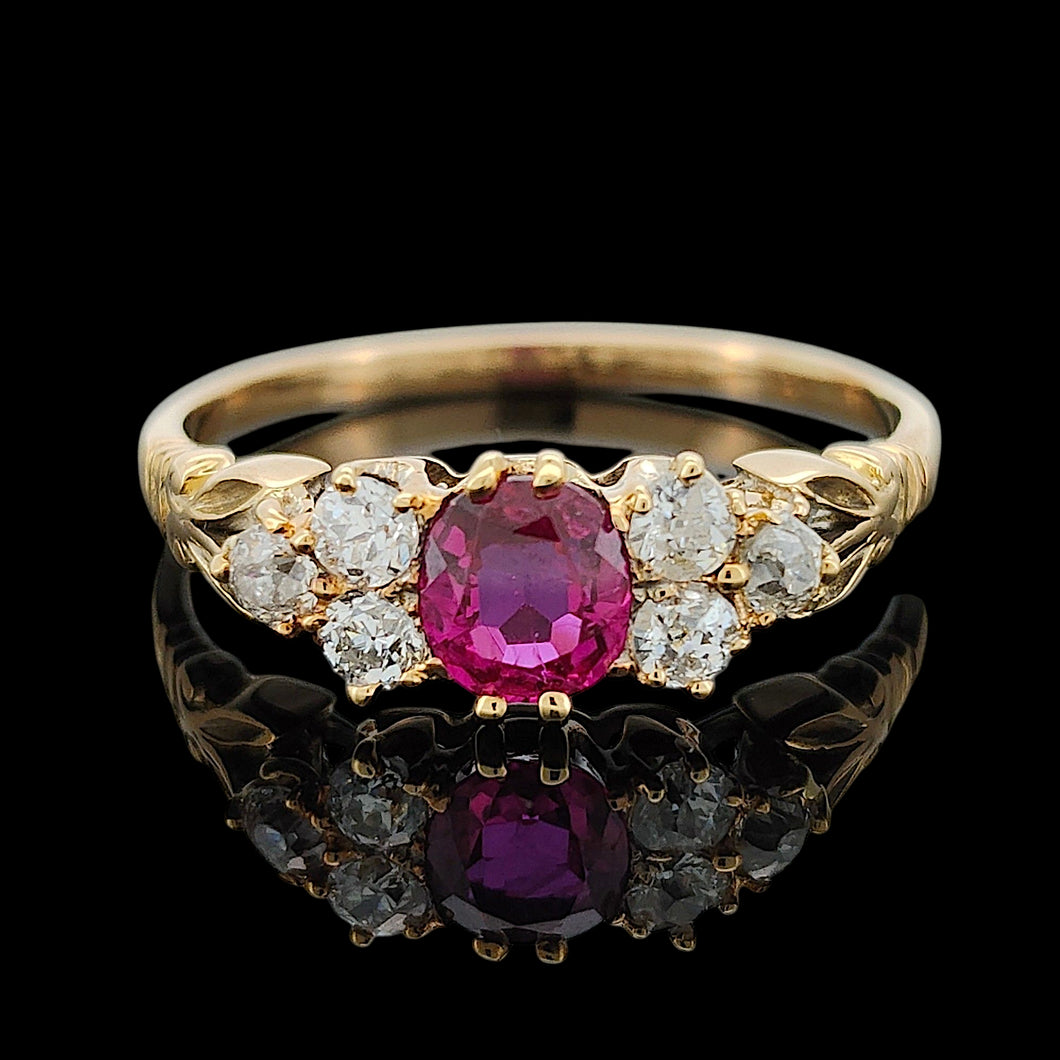 Antique 18ct Yellow Gold Ruby and Diamond Trefoil Shoulder Ring