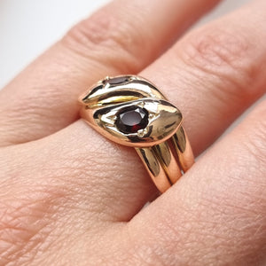 Edwardian 9ct Rose Gold Garnet Snake Ring, Hallmarked Birmingham 1906 modelled