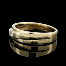 Load image into Gallery viewer, A yellow gold solitaire square cut diamond band, on a black background
