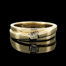 Load image into Gallery viewer, A yellow gold solitaire square cut diamond band, on a black background
