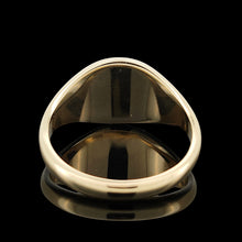 Load image into Gallery viewer, A yellow gold round signet ring, on a black background
