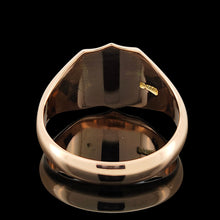 Load image into Gallery viewer, A rose gold shield shaped signet ring in rose gold, on a black background
