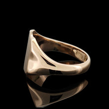 Load image into Gallery viewer, A rose gold shield shaped signet ring in rose gold, on a black background
