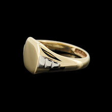 Load image into Gallery viewer, A yellow gold and platinum signet ring, on a black background
