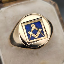 Load image into Gallery viewer, A yellow gold signet ring with an enamelled Masonic square, in an antique ring box
