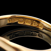 Load image into Gallery viewer, Close-up of an 18 carat gold Chester 1910 hallmark inside a yellow gold ring shank
