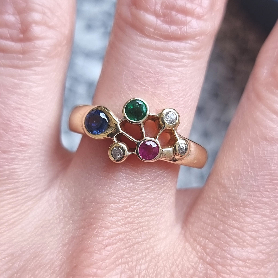 Vintage 14ct Gold Multi-Gem and Diamond Ring modelled