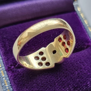 Vintage Czech 14k Gold Garnet Ring in box, behind head