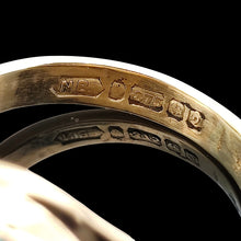 Load image into Gallery viewer, Close-up of a 9 carat gold Birmingham 1965 hallmark inside a yellow gold ring shank
