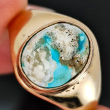 Load image into Gallery viewer, Close-up of a cabochon turquoise stone set in a yellow gold ring
