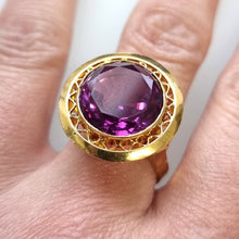 Load image into Gallery viewer, Vintage 18ct Gold Synthetic Alexandrite Dress Ring modelled
