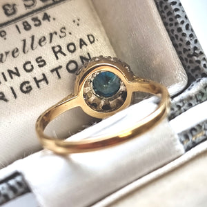 Vintage 18ct Gold Blue Zircon and Diamond Cluster Ring rear