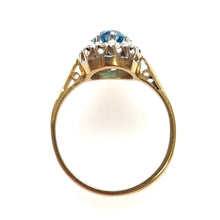 Load image into Gallery viewer, Vintage 18ct Gold Blue Zircon and Diamond Cluster Ring side profile
