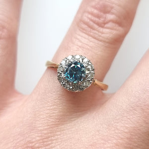 Vintage 18ct Gold Blue Zircon and Diamond Cluster Ring modelled