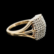Load image into Gallery viewer, A square shaped diamond cluster ring yellow and white gold, on a black background
