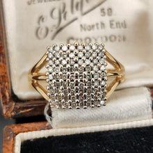 Load image into Gallery viewer, A square shaped diamond cluster ring yellow and white gold, in an antique ring box
