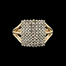Load image into Gallery viewer, A square shaped diamond cluster ring yellow and white gold, on a black background
