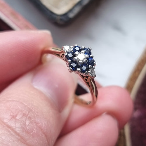 Vintage 9ct Gold Sapphire and Diamond Cluster Ring, Hallmarked Birmingham 1986 in hand