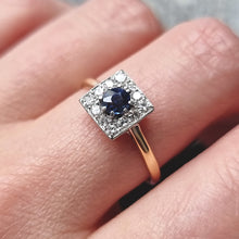 Load image into Gallery viewer, Art Deco 18ct Gold Sapphire and Diamond Square Cluster Ring modelled
