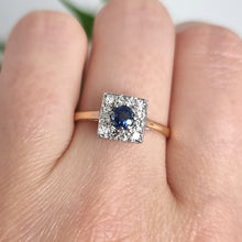 Load image into Gallery viewer, Art Deco 18ct Gold Sapphire and Diamond Square Cluster Ring modelled
