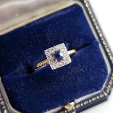 Load image into Gallery viewer, Art Deco 18ct Gold Sapphire and Diamond Square Cluster Ring in box
