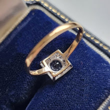 Load image into Gallery viewer, Art Deco 18ct Gold Sapphire and Diamond Square Cluster Ring behind head
