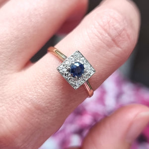 Art Deco 18ct Gold Sapphire and Diamond Square Cluster Ring modelled