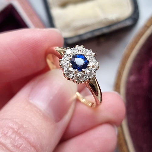 Victorian 18ct Gold Sapphire and Old Cut Diamond Cluster Ring in hand