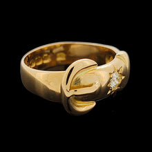 Load image into Gallery viewer, A yellow gold buckle band ring with two diamonds
